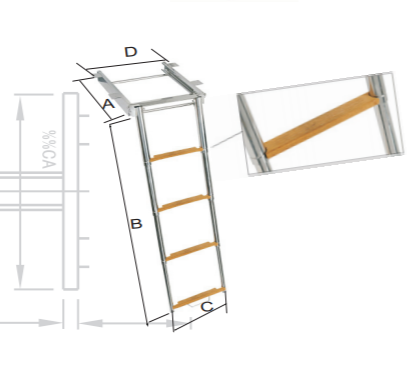 Telescopic Ladder AlSI316, For Under Platform With new designed wooden steps and locking-latch against slip out.