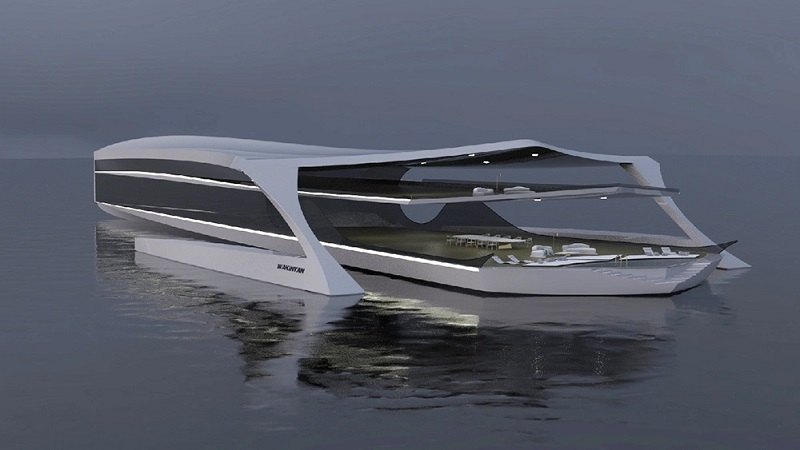This Bonkers 427-Foot Trimaran Concept Has a Silhouette Inspired by a Bird Floating on Water