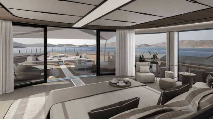 The 230-Foot Superyacht Has a Glass Owner’s Suite That Opens Onto a Swimming Pool