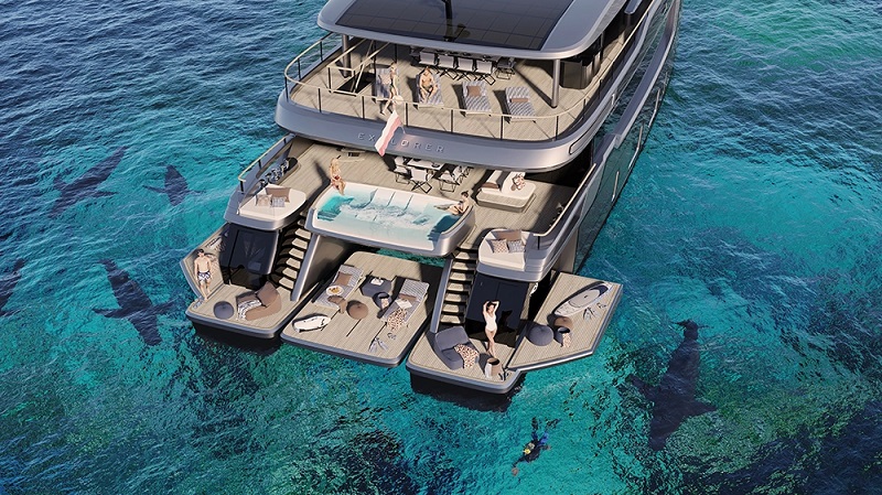 This New 110-Foot Electric Catamaran Has a Spa Pool That Floats Over a Swim Platform