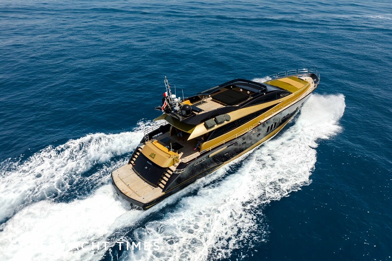 32m VBG superyacht Claremont featuring golden hull for sale