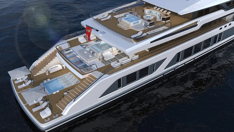 This New 272-Foot Hybrid Superyacht Has an Glass-Bottom Pool Perched Over Its Beach Club