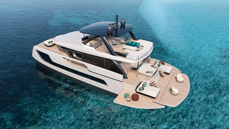 This New 77-Foot Hybrid Catamaran Has a Jet Ski Garage That Doubles as a Sun Pad