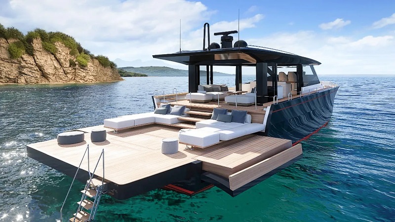 This Speedy 75-Foot Motoryacht Has a Fold-Down Stern That Drops Right Into the Sea