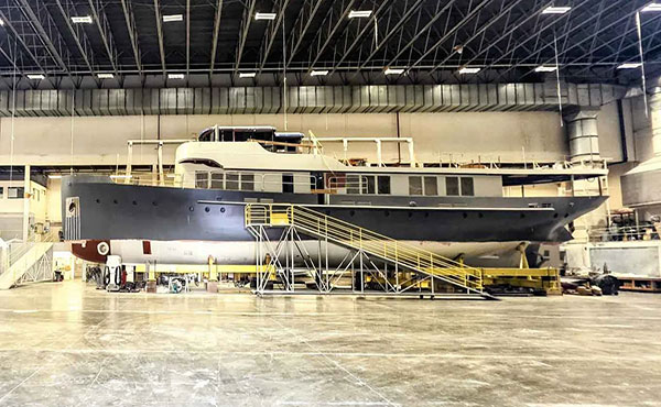 38m vintage Pusey yacht Acania undergoing full-scale restoration at Delta Marine