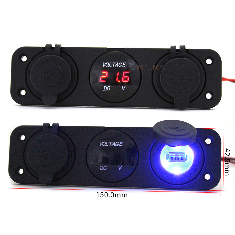 NEKEKE DC Waterproof Car Truck Boat Voltmeter and USB Charger and Power socket with 3 Hole Panel