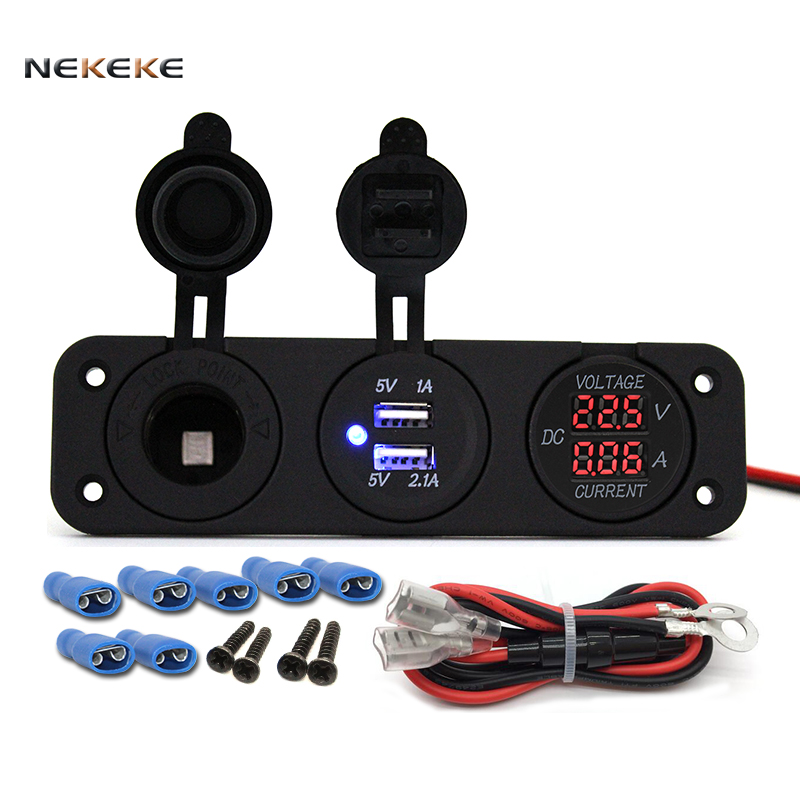 NEKEKE Marine Caravan 12V DC Cigarette Lighter Digital Voltmeter Car Dual USB Charger Socket with blue light