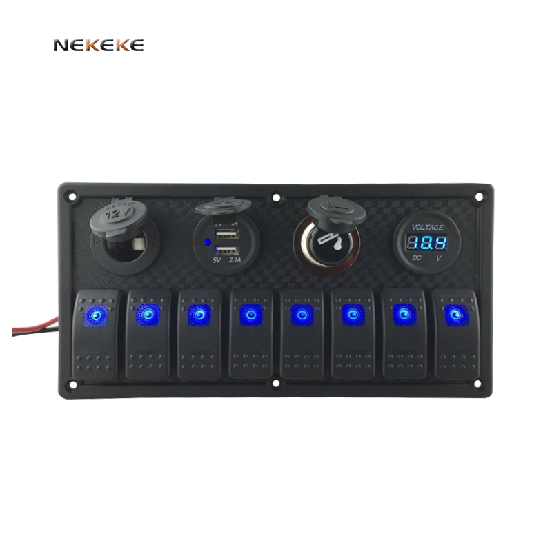 8 Gang Rocker Switch Panel with Breaker Blue LED for Aluminium Car Marine Boat RV Circuit Rocker Switch Panel