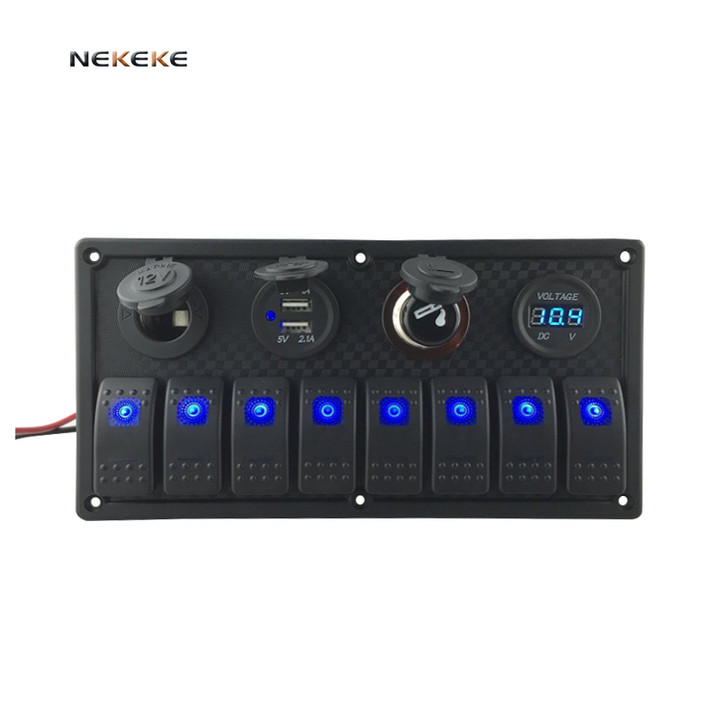 8 Gang Rocker Switch Panel with Breaker Blue LED for Aluminium Car Marine Boat RV Circuit Rocker Switch Panel