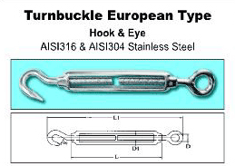 Turnbuckle European Type Hook & Eye AISI316 & AISI304 Stainless Steel